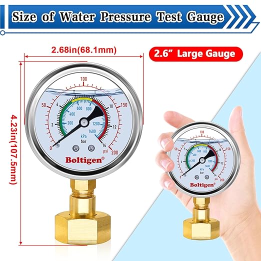0-100 Psi Water Pressure Test Gauge, Water Pressure Gauge, 3/4" GHT Female Thread Pressure Gauge Filled with Oil, Water Pressure Gauge for Home, Fit for Home Indoors and Outdoors Pressure Test