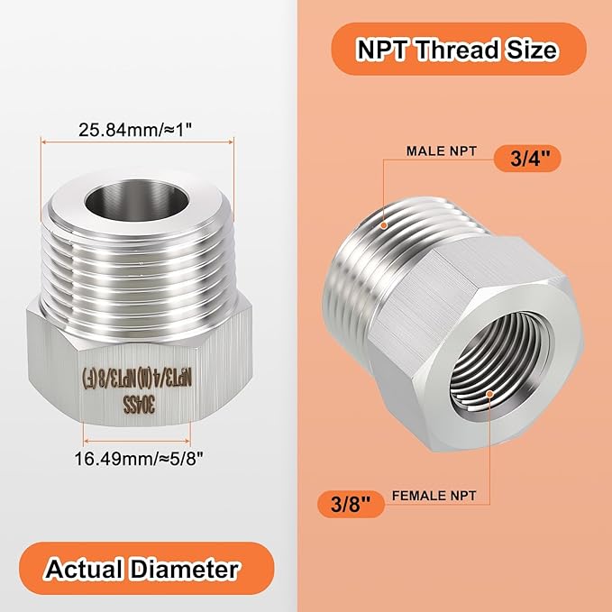 1 Pack 304 Stainless Steel Male to FeMale Adapter, 3/4" Male NPT x 3/8" FeMale NPT Hex Bushing Reducer for Industrial, Automotive, Fluid Transfer, Home Gardening, Water Treatment