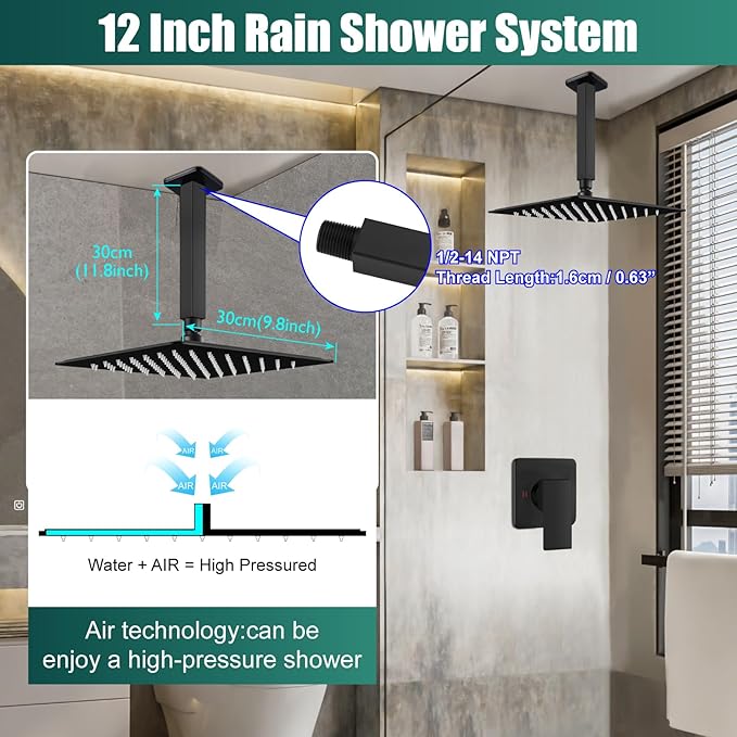 Heyalan Shower Faucet Set Square Stainless Steel Bathroom Rainfall Shower System One Handle Single Function Shower Trim Kit with Rough-in Valve Male Thread,Ceiling Mount,12 Inch,Matte Black