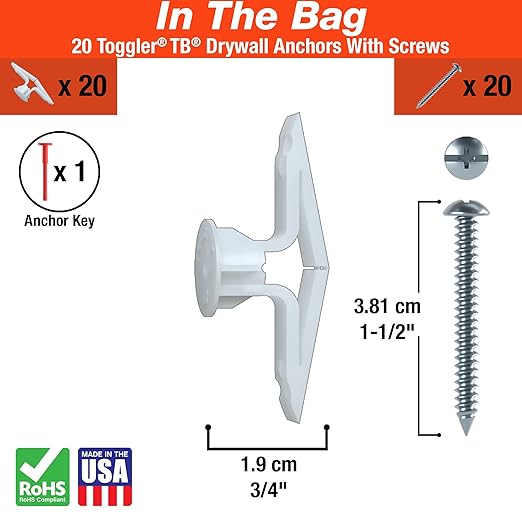TOGGLER Toggle TB Residential Drywall Anchor with Screws, Polypropylene, Made in US, 3/8" to 1/2" Grip Range, For #6 to #14 Fastener Sizes (Pack of 20)