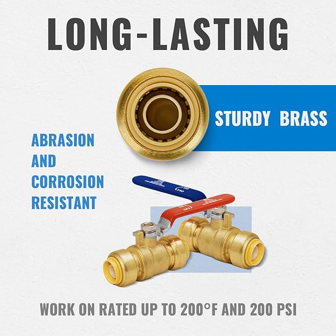 Shut Off Ball Valve 3/4 Inch, SUNGATOR 3/4 Inch Ball Valve, Push-to-Connect Water Shutoff, Easily Match to Pipe using Red and Blue Handle, No Lead Brass Fittings for PEX Pipe, Copper, CPVC, Pack of 2