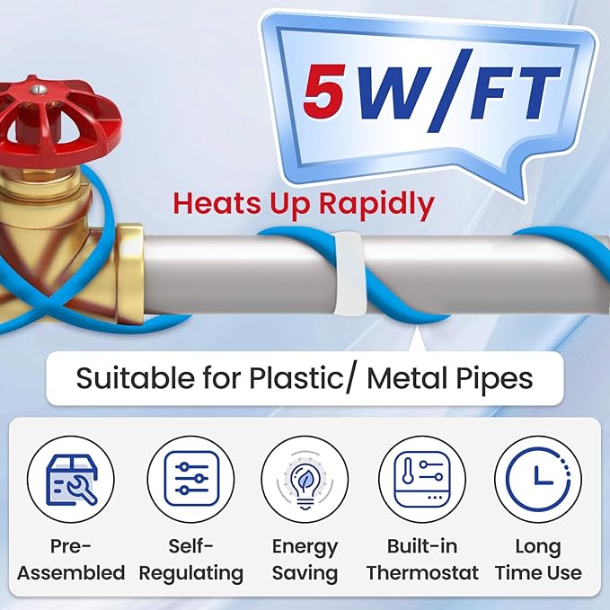 MAXKOSKO 15 Ft. 120 V Heating Cable for Pipe Freeze Protection, Self-Regulating Heat Tape for Water Pipes for Metal and Plastic Pipes, Energy-Saving Heat Trace Cable Keeps Water Flowing at -40 °F