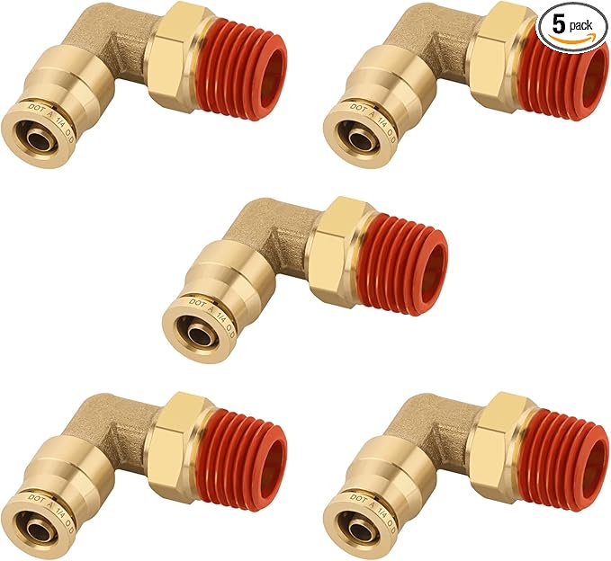 1/4" Quick Push to Connect Fittings Brass 90 Degree Union Swivel Elbow Joint DOT Approved 1/4" Tube OD x 1/4" NPT Thread Air Brake Line Adapter Air Suspension Kit for Car Truck Trailers 5pcs