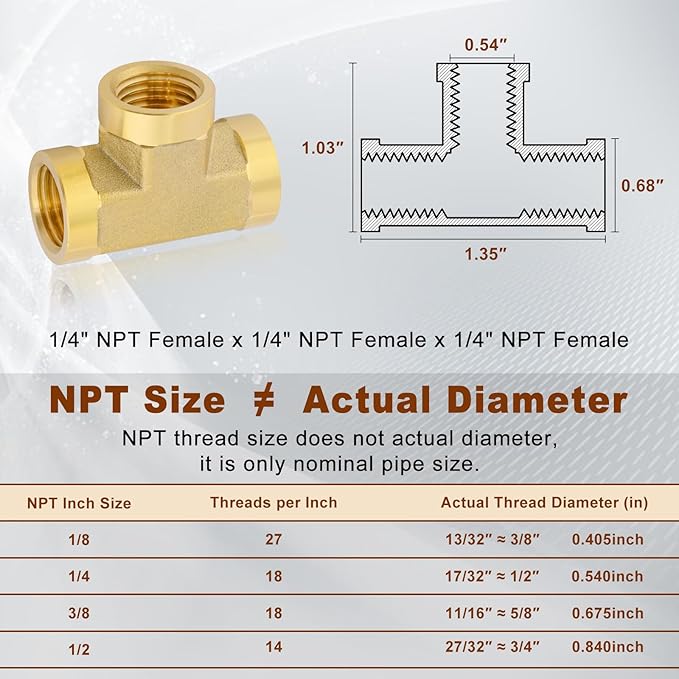 2pcs 1/4" Brass Tee Fittings 1/4" NPT Female Pipe to 1/4" NPT Female Pipe to 1/4 Inch NPT Female Brass Barstock Street Tee Pipe Fittings 3 Way Forged Brass Fittings