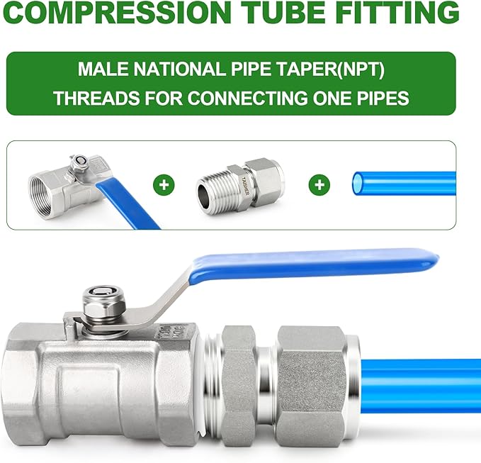 TAISHER 5PCS 304 Stainless Steel Compression Tube Pipe Fitting Connector, 10MM Tube OD x 3/8" NPT Male Straight Adapter