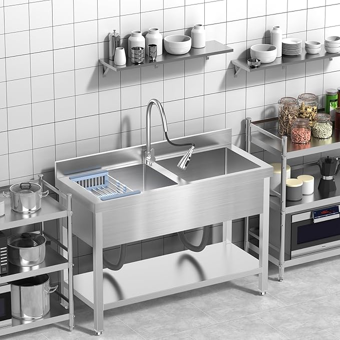 47Inch 2-Compartment Commercial Sink, Stainless Steel Utility Sink with Pull-out Faucet, Free Standing Double Bowl Kitchen Sink for Restaurant, Garage, Shop, Cafe