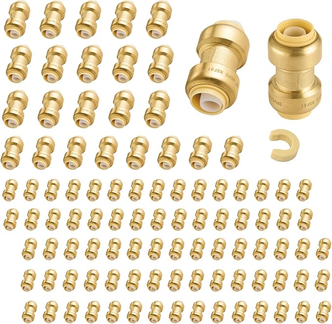 100-Pack Niikappu Push Fit Fittings, 3/4" x 3/4" Brass Plumbing Fittings to Connect PEX, Copper, CPVC, Brass Straight Coupling With Disconnect Clip(PF008-100Pack)