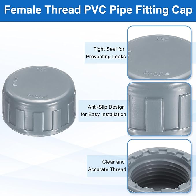 uxcell 5Pcs 1 Inch PT Female Thread PVC Pipe Fitting Cap, Cleanout Water Drain End Caps, Pipe Plug Socket Fittings with Gasket for Water Heater Supply Lines, Plumbing, Gray