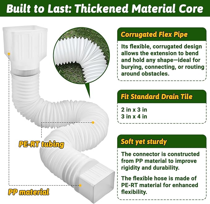 2 Pack Gutter Downspout Extensions 138" with Filter, Corrugated Flexible Gutter Pipe, Rain Diverter, Down Spout Drain Extension, Extendable from 31.5" to 138", Screws for Included, White