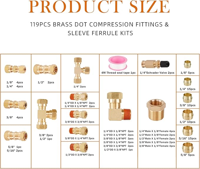 119PCS DOT Air Line Fittings Kit, Brass Compression 6 Size 1/4" 1/8" 3/8" 1/2" 5/8" 5/16" NPT Quick Connect Air Hose Fittings for DOT Air Line