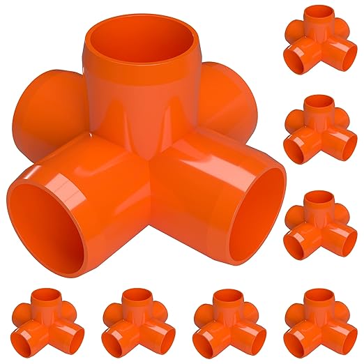 FORMUFIT 3/4" 5-Way Cross Furniture Grade PVC Fitting in Orange, Made in USA, UV-Resistant, Impact-Proof, 1.050” Actual Socket Diameter (Pack of 8) - F0345WC-OR-8