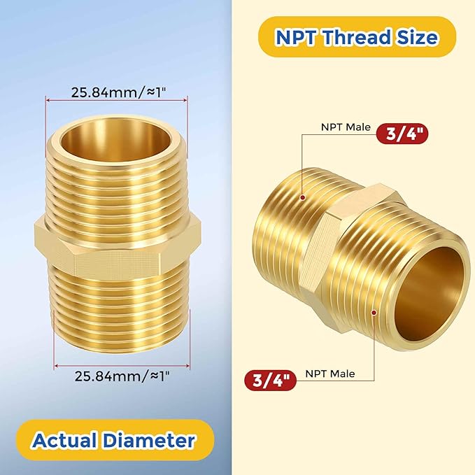 6 Pack Brass Pipe Fittings, 3/4" Male NPT to 3/4" Male NPT Brass Hex Nipple, Male Pipe Adapter Reducer for Air, Oil, LP