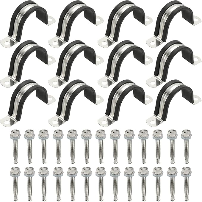 PATIKIL 12Pcs Pipe Clamps, 1-9/16 Inch 304 Stainless Steel Rubber Cushioned U Bracket Conduit Clamps Pipe Strap Wire Clips with Hexagonal Screw for Tube Hose Cord Installation, 40mm