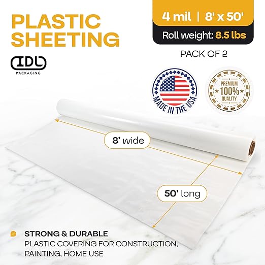 Plastic Sheeting 4 mil, 8' x 50' (400 sq.ft.), Pack of 2 - Thick Semi-Clear Plastic Sheeting for Construction, Painting, Drop Cloth, Slide&Slip - Heavy Duty LDPE Film Roll by IDL Packaging