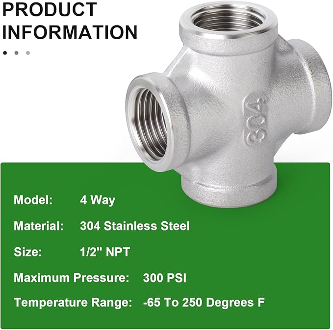 TAISHER 5PCS Stainless Steel 4 Way Pipe Fittings, 1/2" x 1/2" x 1/2" x 1/2" NPT Female Pipe Fittings
