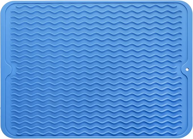 Silicone Dish Drying Mat for Multiple Usage,Easy clean,Eco-friendly,Heat-resistant Silicone Mat for Kitchen Counter or Sink,Refrigerator or drawer liner Lichen BlueL L 16 inches x 12 inches
