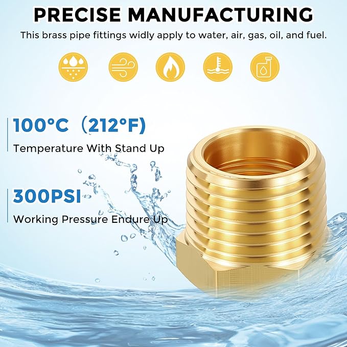 Pack of 5, 1/2" Male NPT to 1/8" FeMale NPT Solid Brass Hex Bushing, Hose Fittings Adapter Reducer Fit for Pipe Leak Repair, Bathroom Remodeling, Tool Extensions, Compression