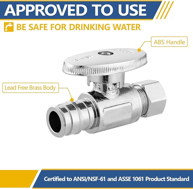 Straight Stop Valve,1/2 Inch Pex Expansion X 3/8 Inch OD Compression Straight Shut-off Valve with 1/4 Turn on/off (Pack of 2,ASTM F1960)(VALVE098)