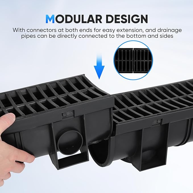 Trench Drain System, Channel Drain with Plastic Grate, 5.9x5.1-Inch HDPE Drainage Trench, Black Plastic Garage and GardenDrain, 6x39 Trench Drain Grate, with 6 End Caps,Convenient Assembly（6 Pack）