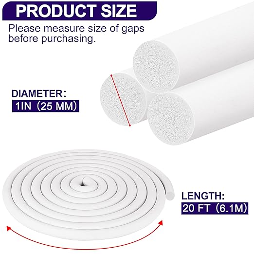 ToLanbbt Backer Rod EPDM Rubber 1" Diameter x 20' Length Caulk Saver Door Window Weather Stripping Seal for Concrete Filling Joints and Gaps (White)