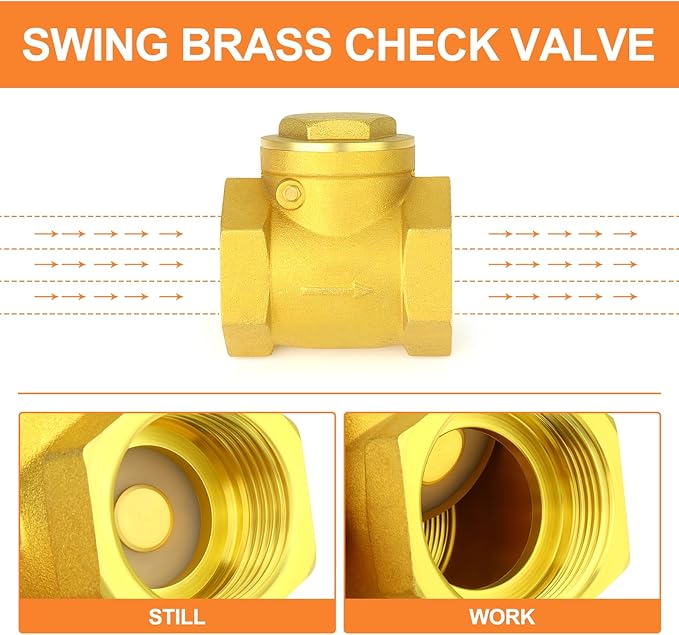 GASHER 2PCS Brass Swing Check Valve 1" Female Thread, Backflow Prevention, One Way Check Valves for Sump Pump and Air Compressor, Gas Air Fuel Oil Water
