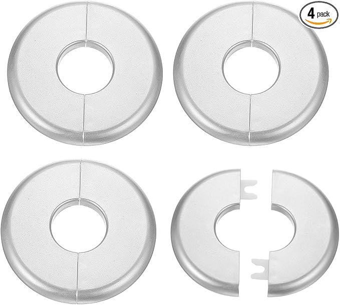 HARFINGTON 4pcs Wall Split Flange 26.5mm/1" Self-Adhesive Plumbing Cover Plates ABS Plastic Round Escutcheon Plate Buckle Design for Water Pipe Bathroom Kitchen Decoration, Silver Tone