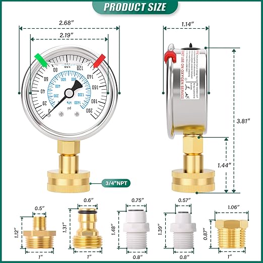 0-200PSI Stainless Steel Water Pressure Gauge Kit, 2.5" Dial Size, 3/4" Brass Female Lower Mount, with Sealing Ring, Plus 5 adapters, for Checking Gardens, Water Pipes, Multiple Systems