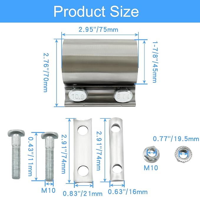 1-3/4'' Exhaust Clamp，Heavy Duty 304 Stainless Steel Lap Joint Exhaust Pipe Seal Band Clamp,Repair Clamp Sleeve Coupler for Emergency Pipe Repair,Pack of 2