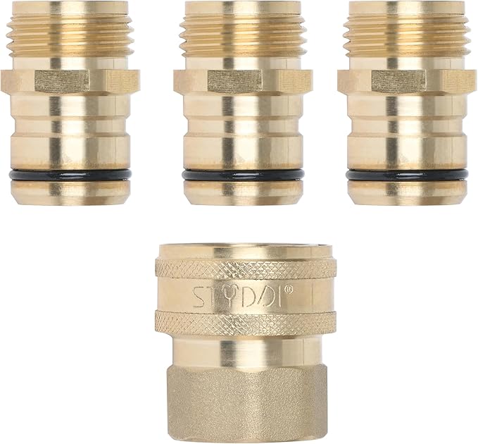 STYDDI 3/4-inch Full Flow Super Heavy Duty Hose Quick Connect Fittings, Lead-free Brass Full Port Garden Hose Quick Connector Coupler, 3/4” GHT High-Volume Hose Quick Release Adapter,3 Male + 1 Female