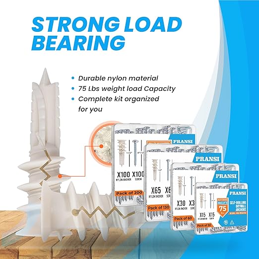 Drywall Anchors and Screws Kit – 200pcs #8 x 1-1/4” Self Drilling Anchors – No Pre-Drill Required – Heavy Duty Wall Anchors for Drywall – Holds Up to 75lbs