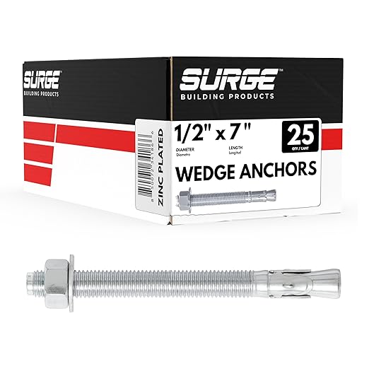 1/2" x 7" Zinc-Plated Wedge Anchors for Concrete and Cement | Heavy-Duty 1/2 Concrete Anchor Bolts (Box of 25)