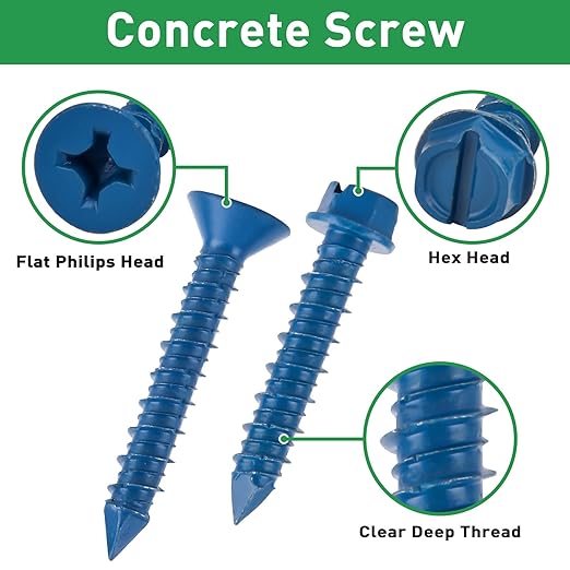 FOLIV 260PCS Concrete Screws with Drill Bit, 1/4 3/16 Concrete Screws Assortment Kit, Flat & Hex Head Masonry Block Brick Cement Screws and Anchors, Diamond Point, Length from 1-1/4” to 2-1/4”