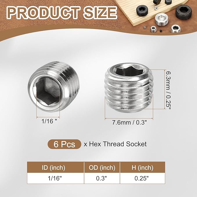 Pipe Plug Stainless Steel Internal Hex Thread Socket Pipe Plug Fitting - Fitting for (Sealing Port - Air Tanks - Water Outlets) 1/16 Inch NPT Male & 6 Pack