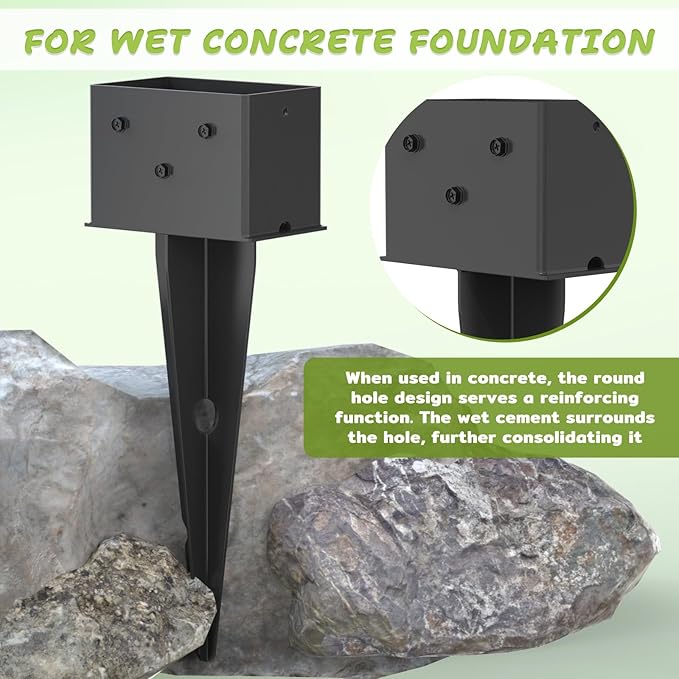 4 Pcs 4"x 6" Fence Post Anchor Ground Spike, 16.5" Heavy Duty Metal Fence Stake Post Bases (Inner Size 3.6"x5.6") with Black Powder Coated for Fence, Deck, Railing, Mailbox and Porch