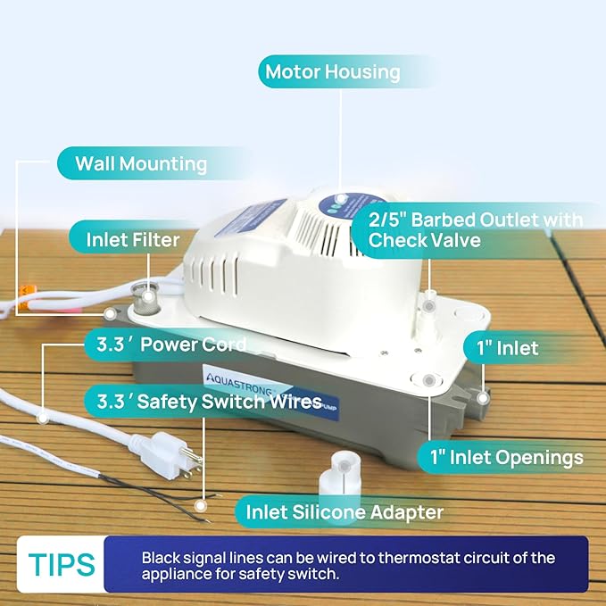 Aquastrong 115V 70 GPH HVAC Condensate Pump, AC Condensate Remove Pump with Automatic Safety Switch & & 19.7ft Tubing for Air Conditioner, Furnace, Dehumidifier,Ice Maker,3.3' Power Cord