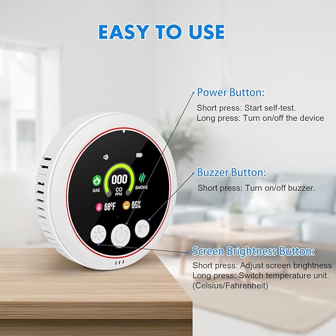 Carbon Monoxide Detectors, 5-in-1 Plug in Natural Gas & Smoke Detector, CO Methane Propane Combustible Combination Gas Alarm with Temp Humidity Sensor HD Screen for RV Home Travel Kitchen White 1 Pack