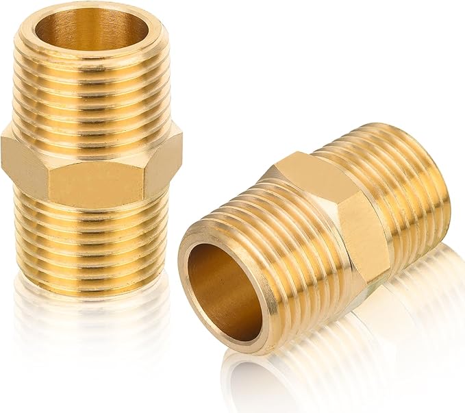 50-PCs HeSun Brass Hex Nipple Pipe Fitting, 3/8" NPT Male x 3/8" NPT Male Nipple Pipe Adapter, NPT012-50