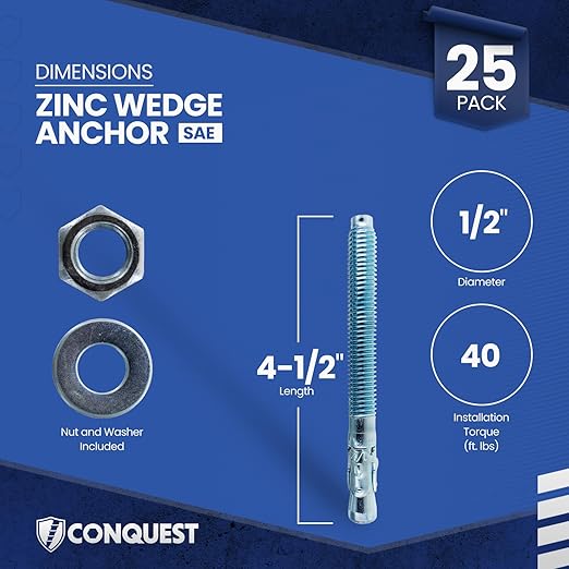 Conquest 1/2" x 4-1/2" Zinc Plated Wedge Anchors (Box of 25) – High Performance Concrete Anchors – Rust Resistant Zinc Plating for Dry Interior Environments – Heavy Duty Fastener for Concrete
