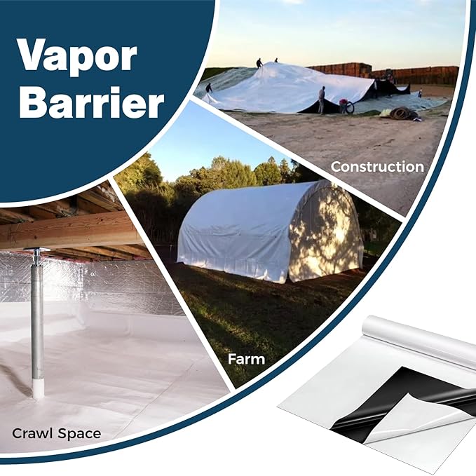 Crawl Space Vapor Barrier, 10mil Vapor Barrier, 10'x30', Drop Cloth Vapor Barrier Covering for Crawlspace Encapsulation, Thick Plastic Sheeting, Black and White Panda Film