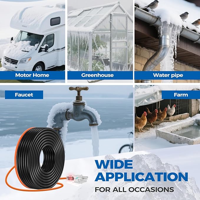 23FT（3FT-200FT） Pipe Heating Cable for Pipe Freeze Protection, Heat Cable for Water Pipes(Metal and Plastic), Pipe Heat Tape Keeps Water Flowing at -40°F 5w/ft, 120V Plumbing fixture