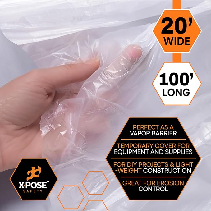 Xpose Safety Clear Plastic Sheeting – 20' x 100' Roll – Heavy Duty 5.2 Mil Poly Sheet – Waterproof, Dustproof, Vapor Barrier – for Construction, Painting, Industrial Use