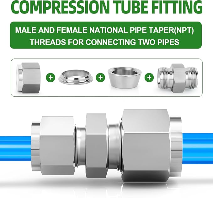 TAISHER 5PCS 304 Stainless Steel Compression Tube Pipe Fitting Connector, 3/8" Tube OD x 1/4" Tube OD Straight Adapter