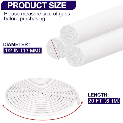 ToLanbbt Backer Rod EPDM Rubber 1/2" Diameter x 20' Length Caulk Saver Door Window Weather Stripping Seal for Concrete Filling Joints and Gaps (White)