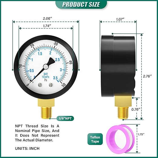 0-50PSI Well Pump Pressure Gauge 2" Dial Size, 1/8" NPT Lower Mount, 3-2-3% Accuracy, for Tube, Water Pump, Gas, Liquid, Pressure Test
