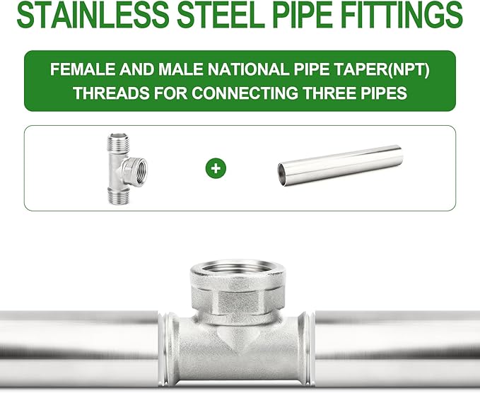TAISHER 5PCS 304 Stainless Steel Tee Pipe Fittings, 3/8" NPT Male x 3/8" NPT Female x 3/8" NPT Male Pipe Fittings, Female Branch Tee