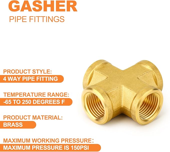 GASHER 5PCS Brass Pipe Fitting, Cross 4 Way Pipe Fitting, 1/8" NPT Female Pipe