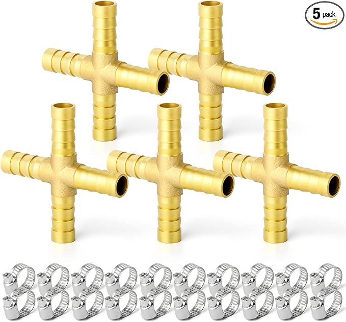GASHER 5PCS 3/8" Brass Hose Barb, 4-Way Hose Fitting with 20 Hose Clamp Intersection/Lquid/Fuel/Air