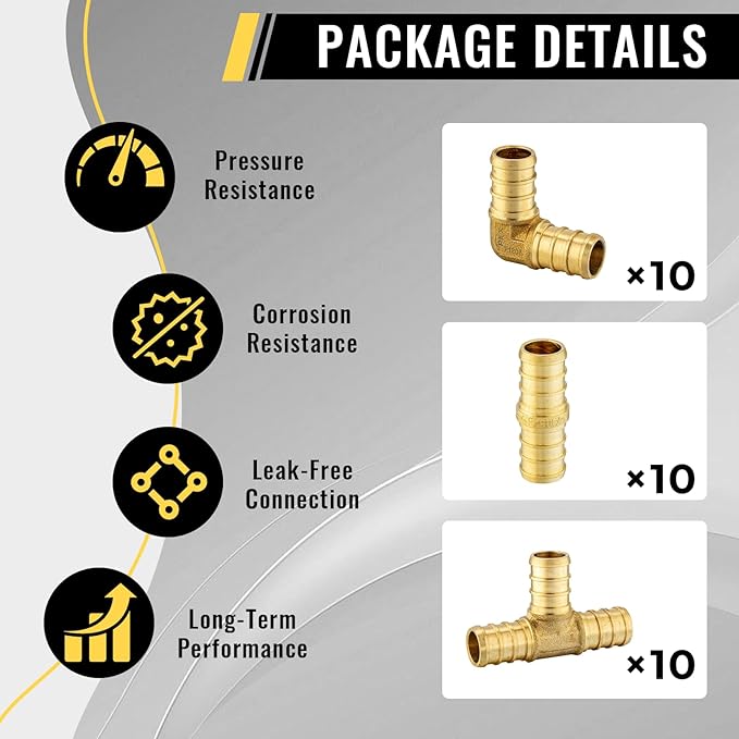 30 Pack Foskan 3/4 Inch PEX Brass Fittings Set, 10 PCS Each,Includes Elbows Tees Straight Couplings, PEX Crimp Barb Fitting Kit