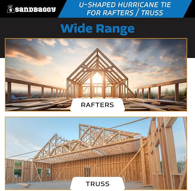Sandbaggy U-Shaped Hurricane Tie - Hot Dipped Galvanized, 18 Gauge - Structural Wood Framing Connectors for Rafters, Trusses, Deck Joists (U-Shaped, 10, Count)