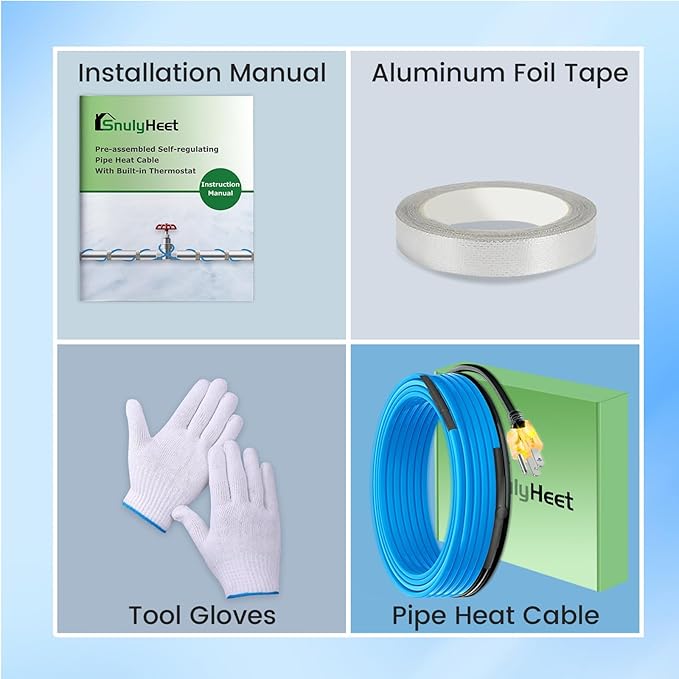 120V Heat Tape with Thermostat for Pipe Freeze Protection, 50 Feet Heat Trace for Water Pipes, 5 W/Ft, Electric Self-regulating Pipe Heating Tape for Metal And Plastic Pipes SnulyHeet